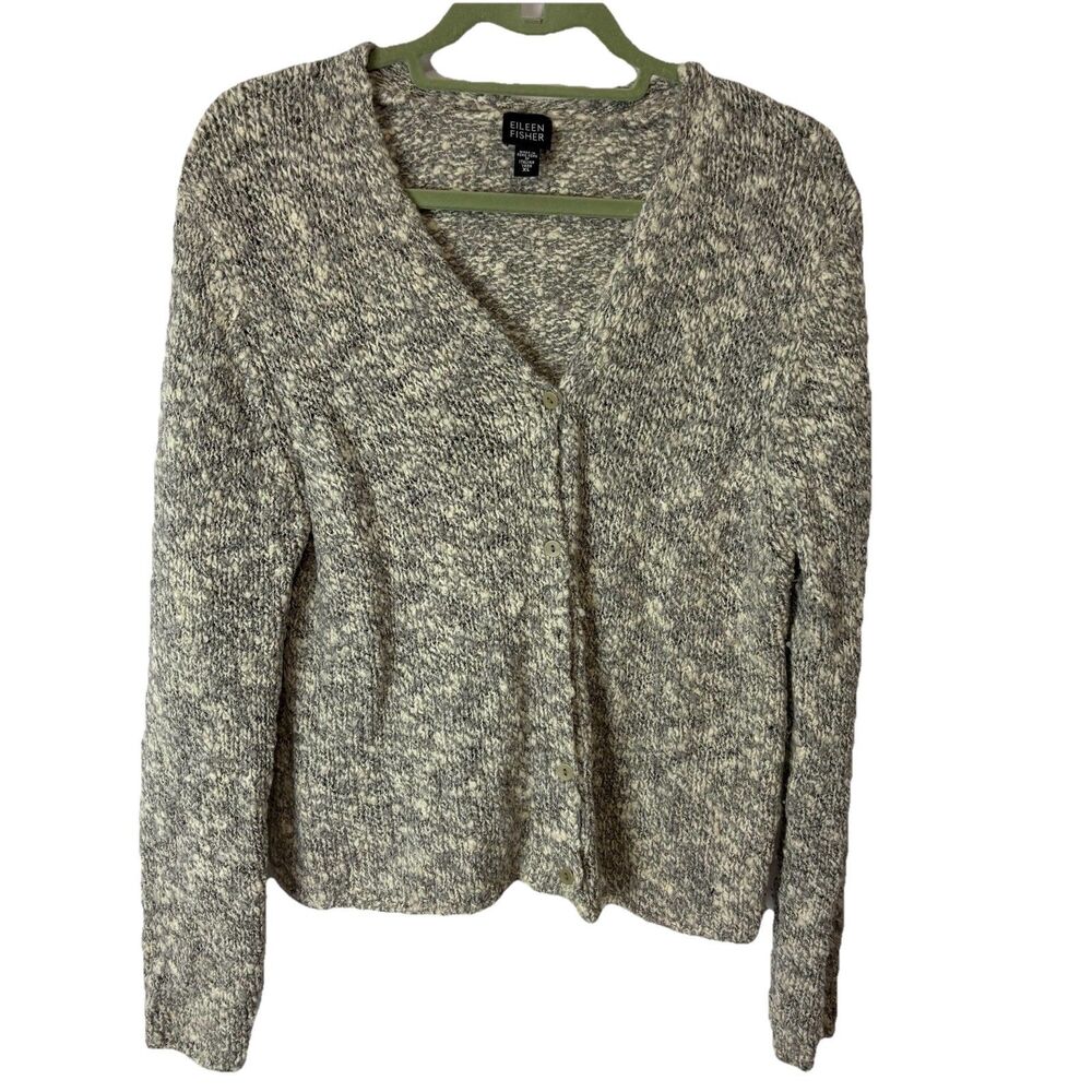 Vtg Eileen Fisher Sweater Cardigan XL Gray Chunky Knit‎ Merino Wool Blend FLAW